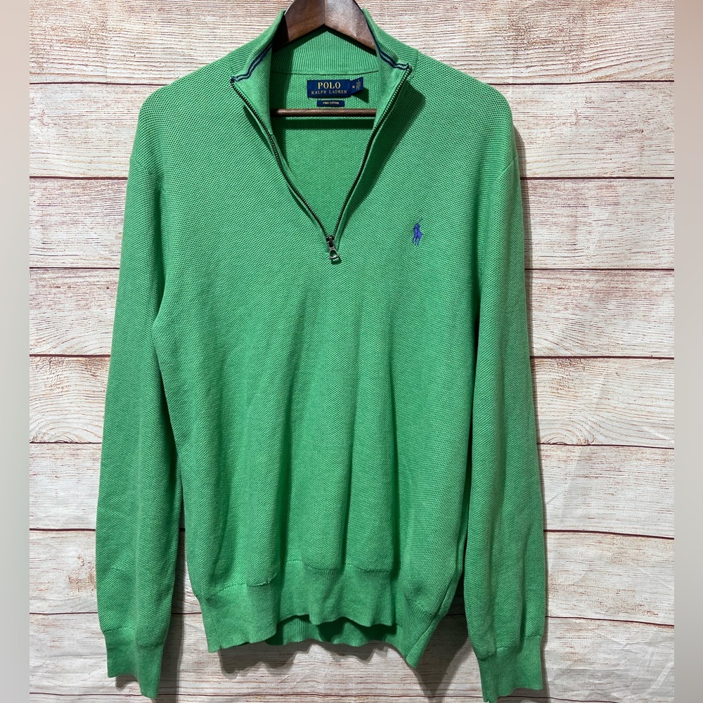 Polo Ralph Lauren men’s 1/4 zip green sweater horse size Medium pima cotton